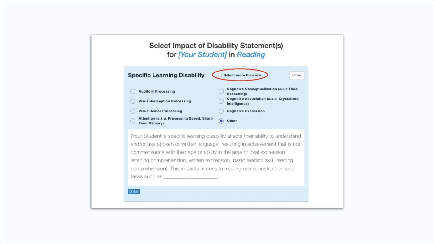Goalbook Toolkit Present Levels Wizard Update: Selecting Multiple Disability Impact Statements